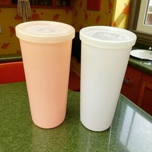 Tupperware 12 oz Tumblers Cups Peach White 115 Lid Seal Set 2 Kitchen Vintage
